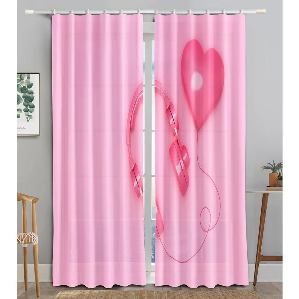 Earphone Music Red Heart Pink WaveBlackout Window Curtain for Living Room Bedroom Bathroom Kicthen Door Cupboard Decor Hooks