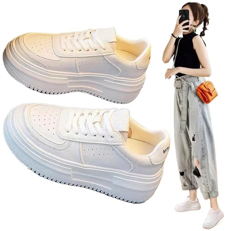 New Leather Mesh Fabric Women's White Casual Woman Vulcanize Sneakers Breathable Sport Walking Running Platform Flats Shoes