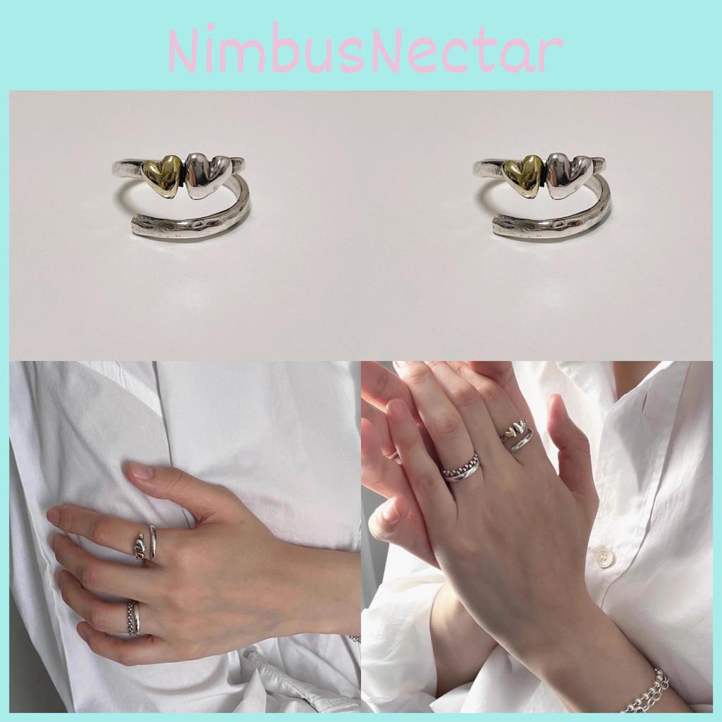 Korean Imported Vintage Handmade Textured Two Heart Adjustable Ring For Women
