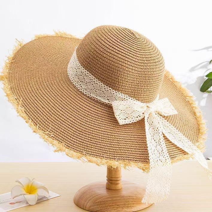 Flat-top straw hat women's straw top hat, new summer big-brimmed sun hat, seaside vacation sun hat