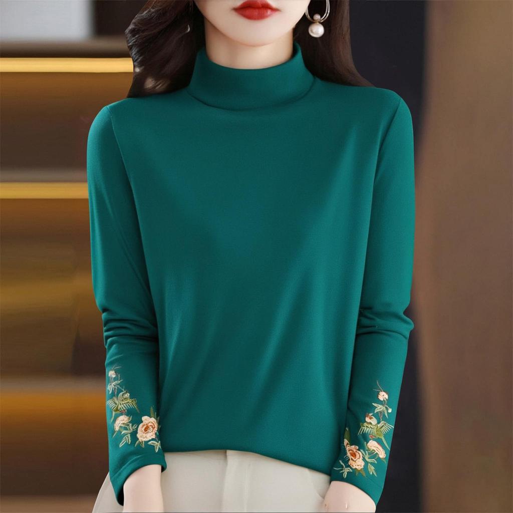 Women's Fashion Retro Velvet Literary Embroidery High Neck Long Sleeve T-Shirt Top