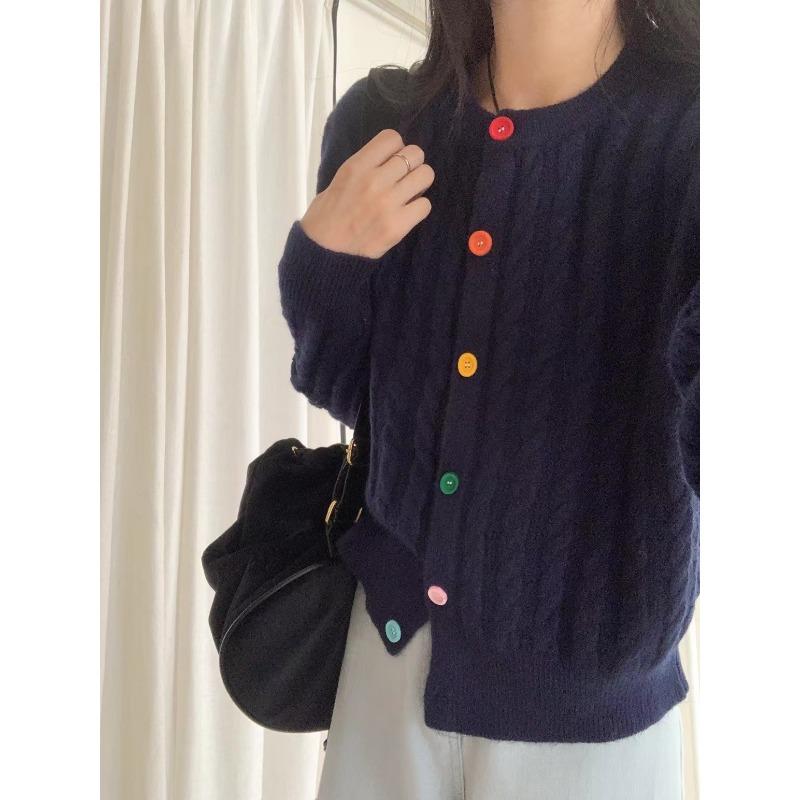 

Женский кардиган с нежным ретро-цветом, на пуговицах, с круглым вырезом, вязаный косами, осенне-зимний, мягкий, ворсистый, теплый, повседневный, куртка-свитер, тренд average size темно-синий