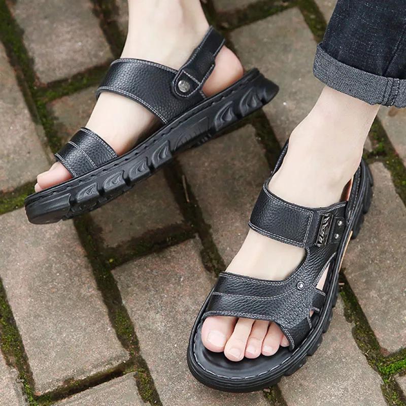 2024 Summer Shoes Men Sandals Genuine Leather Flat Non-slip Holiday Mens Footwear Soft Comfortable Black Brown D076