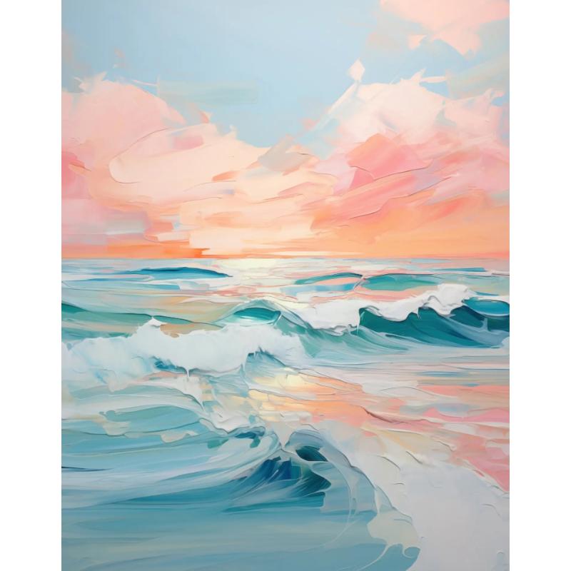 Pink Watercolor Ocean Waves Seascape Poster Oyster Shell Beach Umbrella Surfing Canvas Printing Wall Art Picture Home Decor