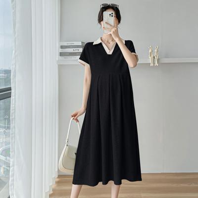Office Lady's Elegant Black Dress Short Sleeve Loose Pleated Midi Dress Casual Matching Dress Vintage Dress