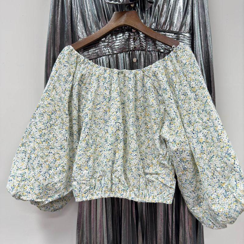 

Flower Bud Tops Export Ensais * N Pure Original Exquisite Hollow-out Embroidered round-Neck High Waist Midriff Outfit Lantern Sleeve Short Shirt Floral Tops L