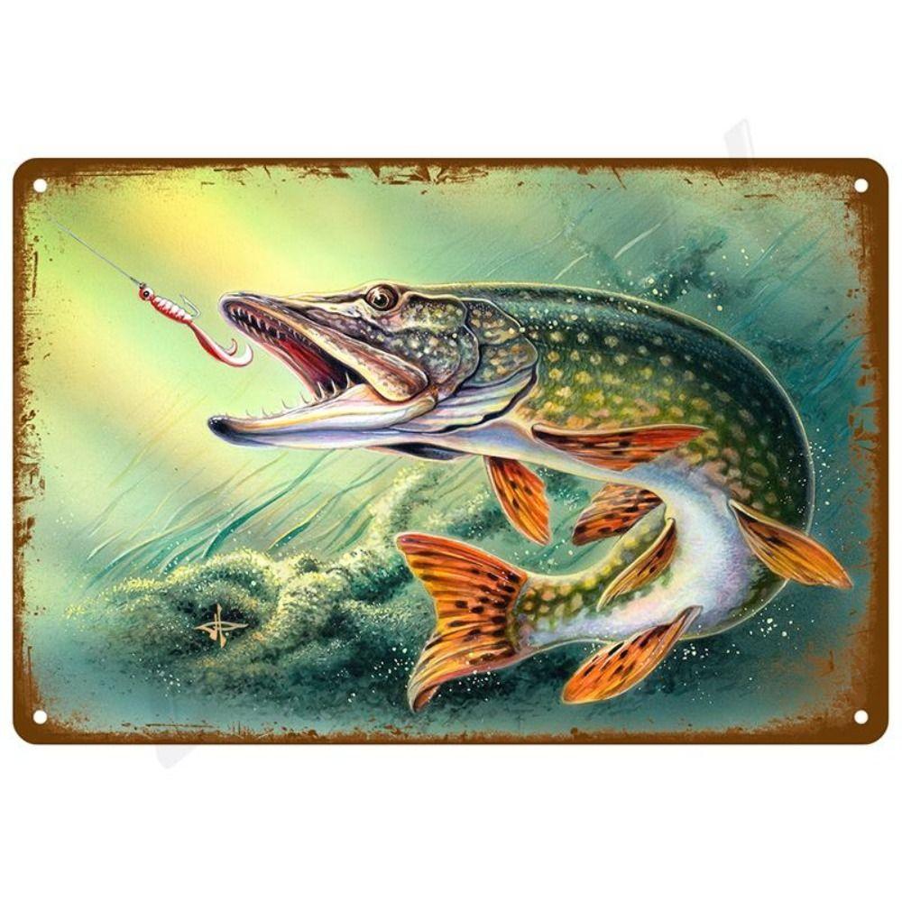 Metal Poster Pike Fish Art Fishing Store Wall Decor 20x30cm 2D Flat Metal Sign