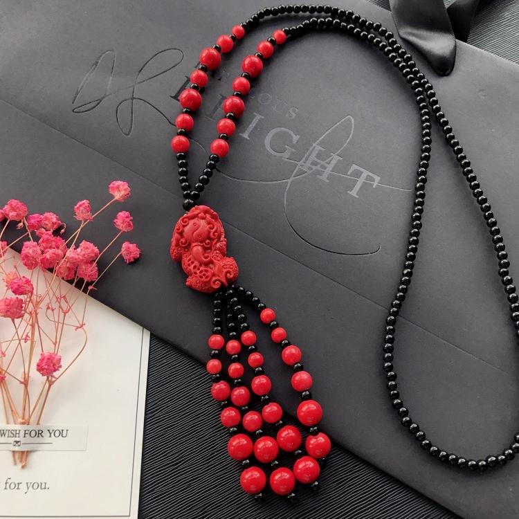 New Vintage Versatile Red Cinnabar Sweater Chain Natural Long Female Rose Necklace Pendant Accessories
