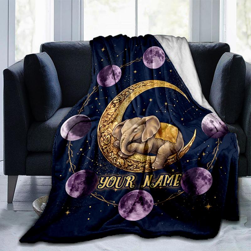 1PC Custom Name Ethereal Elephant Moon Journey blanket versatile,all-season throw suitable for the living room,bedroom,camping,travel,and gift