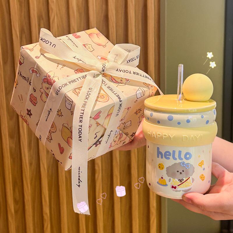 Graduation Gift for Boys and Girls, High-value Mug, Cute Puppy Straw Cup, Children's Practical Souvenir Gift Box