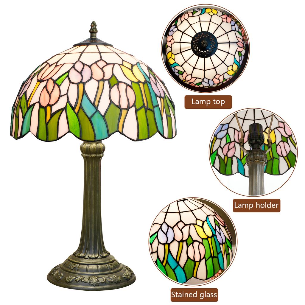 12-Inch Pink Tulip Colorful stained Glass Table Lamp Christmas Atmosphere Lampshade Living Room Bedroom Decorative Lighting