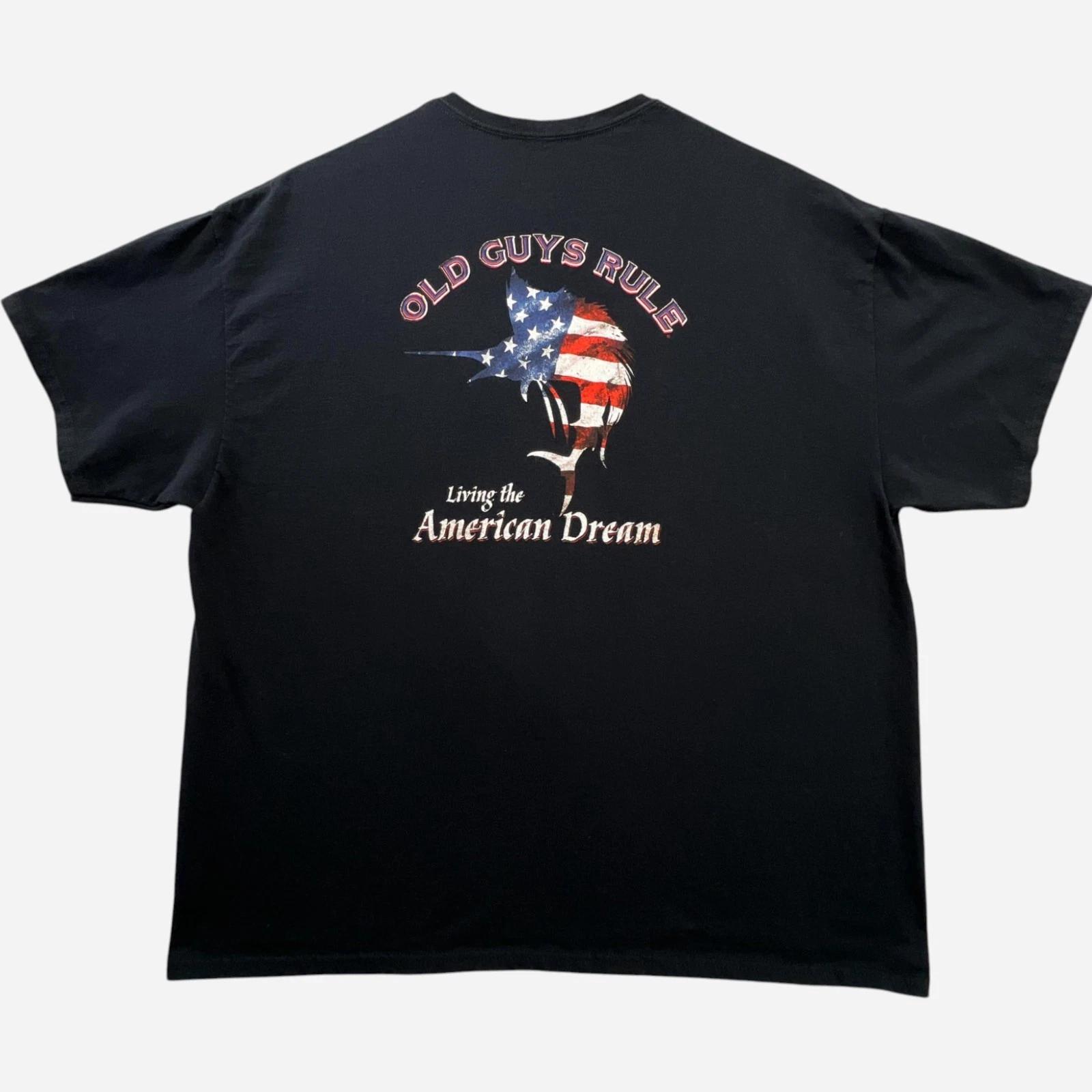 Old Guys Rule T Shirt Mens 2XL Black Living The American Dream Graphic Fish Tee XL