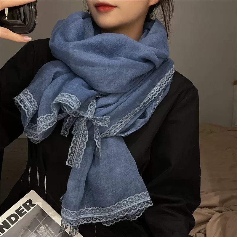 Nowy Jesienno-Zimowy Wysokiej Klasy Koronkowy Koronkowy Literacki Szal Ochrona przed Słońcem Wszechstronny Gładki Szalik Bawełniany i Lniany dla Pary