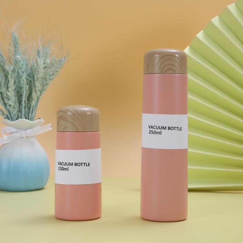 Portable Mini Stainless Steel Water Cup with Wood Grain Lid - Thermal & Cold Insulation, Cute for Student & Home Use.