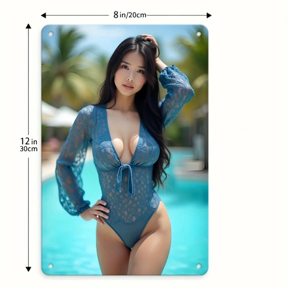 Artă de Perete Metalică Boemă 8x12 Inch Model Sexy în Bikini Decor din Aluminiu Modern Acasă Baie Cadou Ușor de Agățat