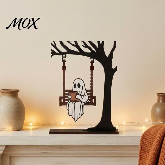 Sturdy Reusable Holiday Decoration Halloween Ghost on A Swing Reading Figurine, Spooky Wooden Centerpiece Decorative with Cup for Home Nook Bookshelf