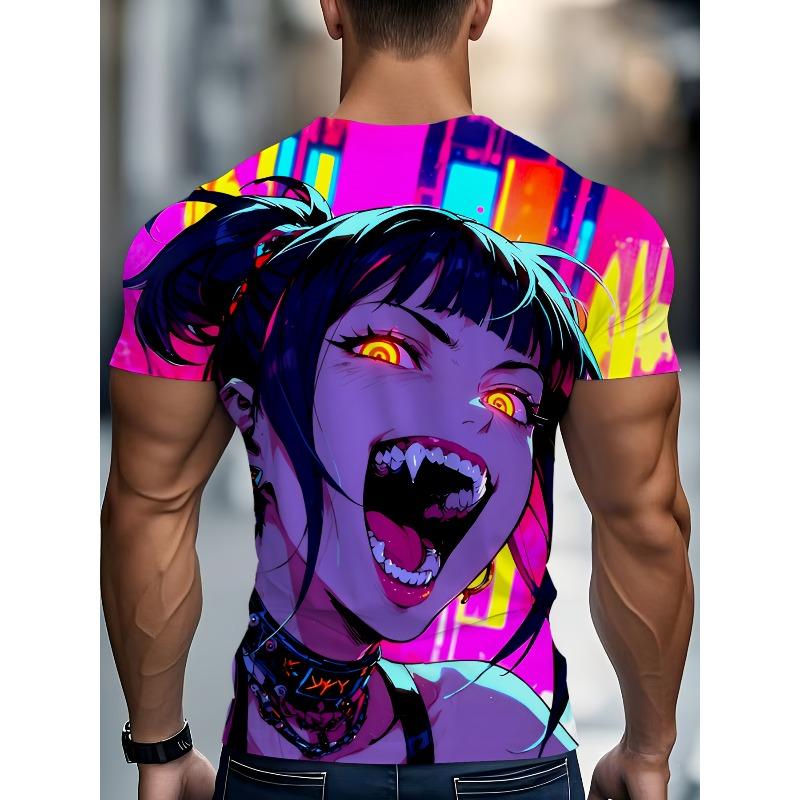 Men's Plus Size 3D Anime Pattern Printed Round Neck Short Sleeved Shirt