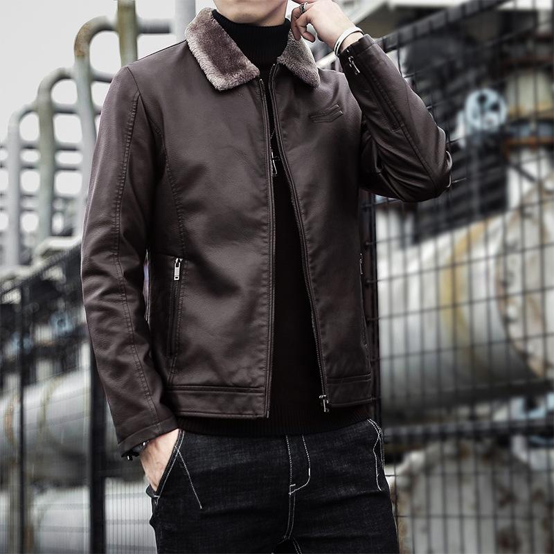 Pelzintegrierte Herrenjacke Herbst und Winter Neu Trendy Koreanischer Stil Hübsch Plus Samt Verdickt Lederjacke