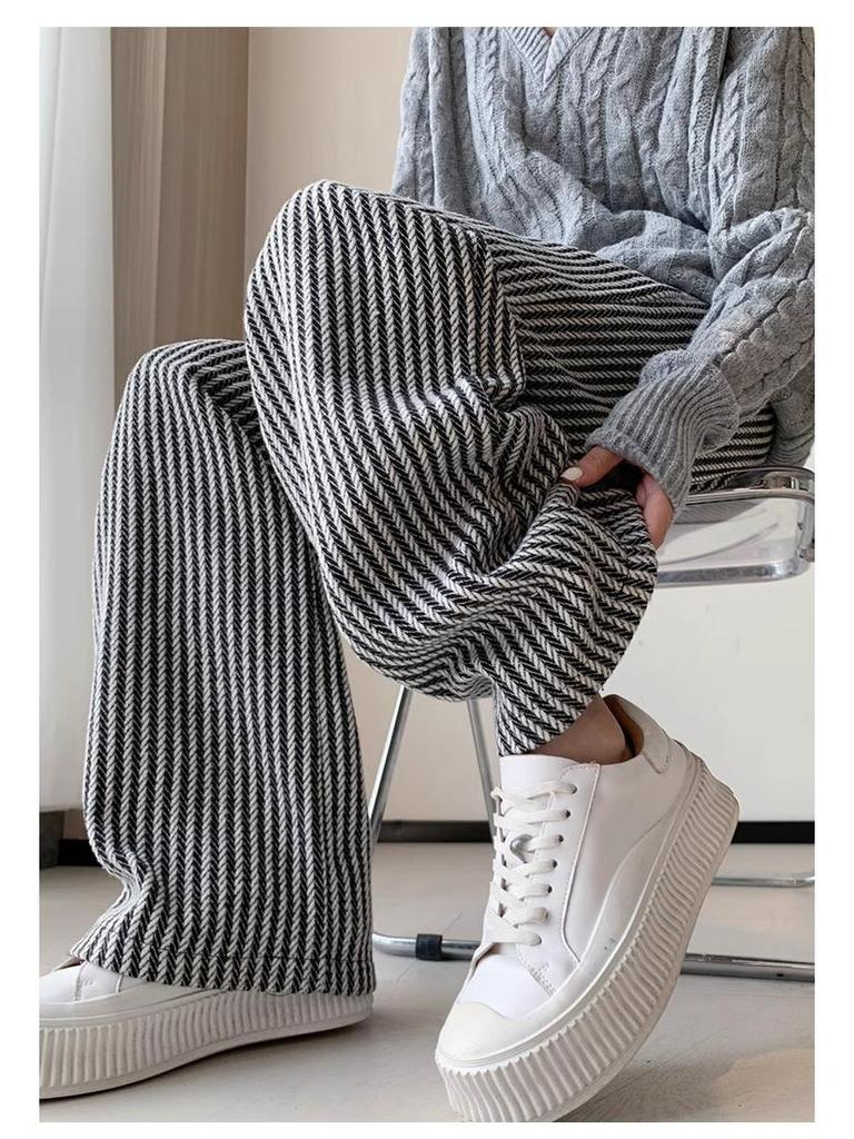 American Retro Pinstripe Woolen Petite Wide-Leg Pants - Casual Straight-Leg Streetwear 145cm