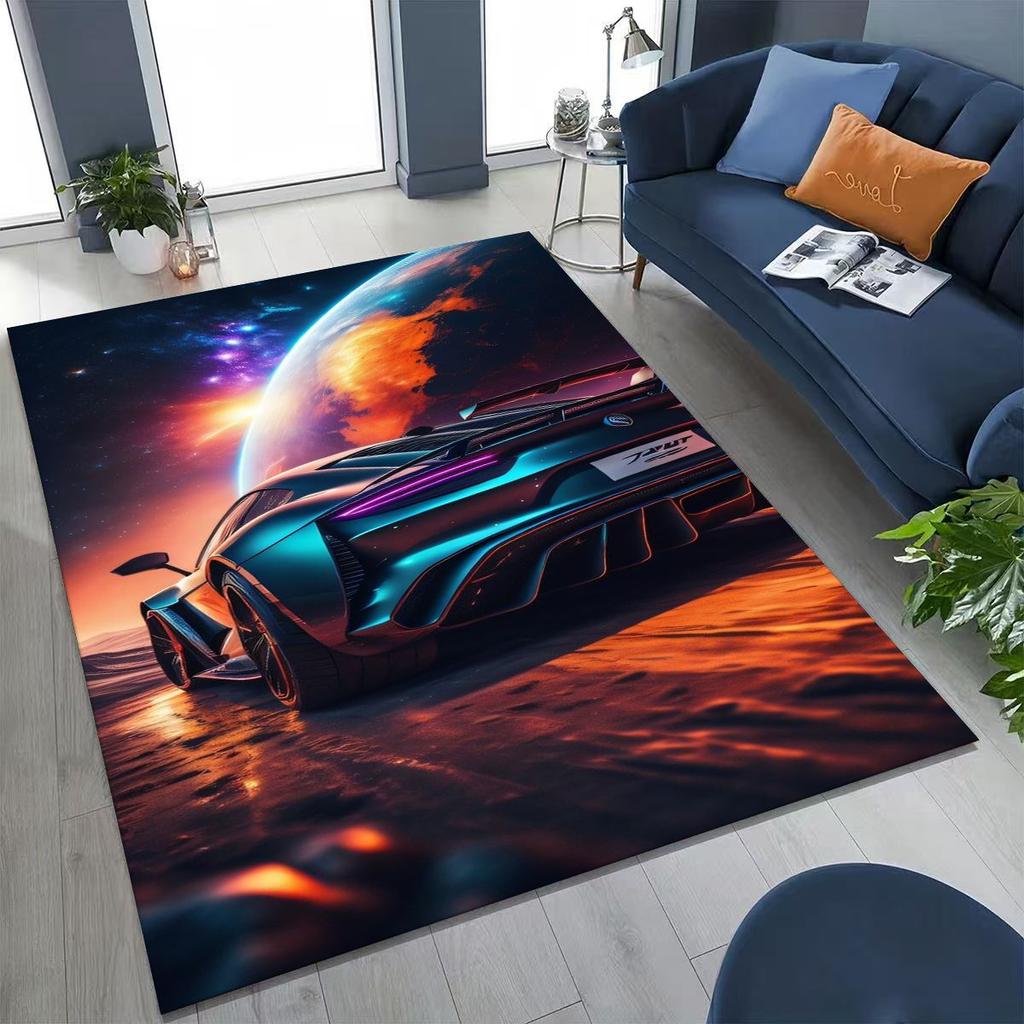 Alfombra Decorativa para Habitación, Sala de Estar, Sofá, Hogar, Felpudo, Alfombrilla de Piso Grande Antideslizante, Concepto Futuro Coche Deportivo Bicicleta de Carreras Motocicleta