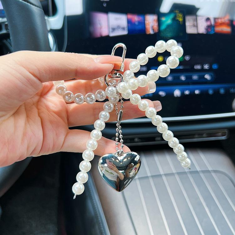 Korean Silver Heart Bow Phone Lanyard & Pearl Keychain Pendant жемчужный