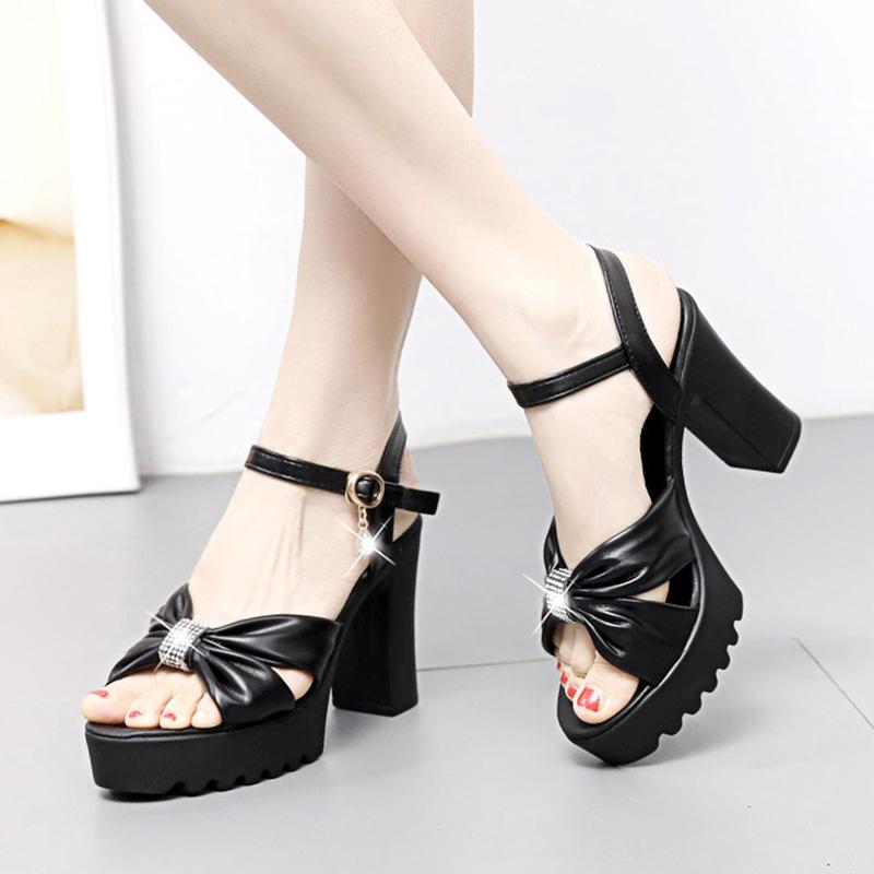 Сандалии на высоком каблуке, толстый каблук, водонепроницаемая платформа, универсальные, летняя мягкая кожа, удобные и увеличивающие рост женские туфли 35 чёрный