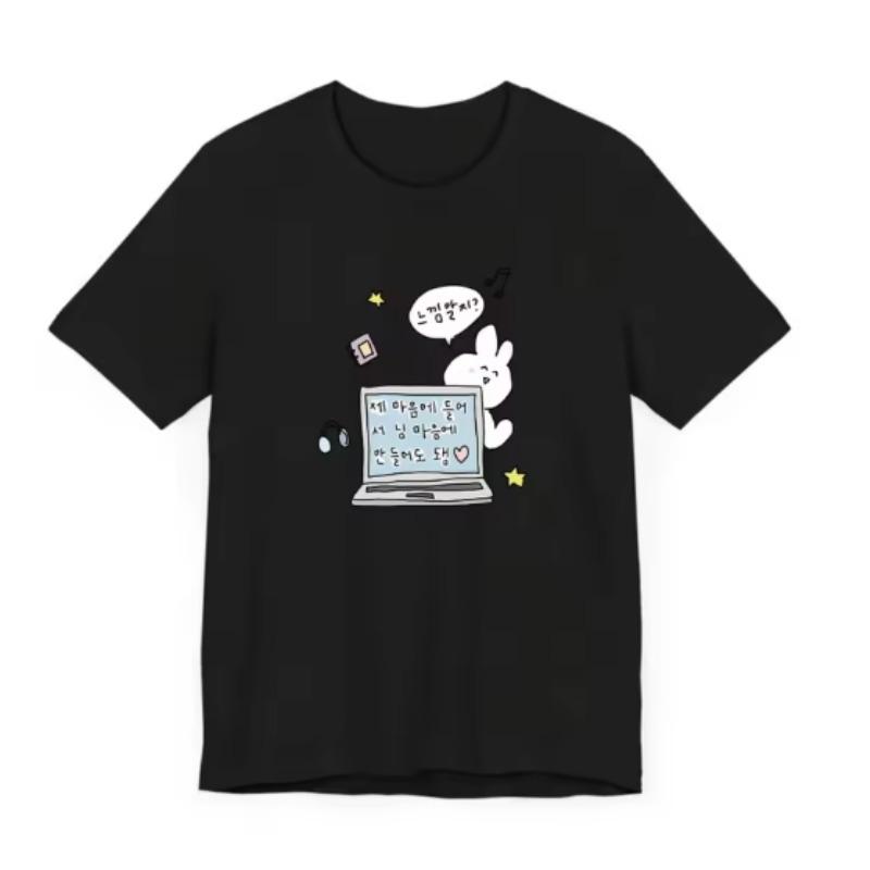 Womens Graphic TShirt Cute Laptop Korean Text Bunny Ears Harajuku Sleeve Casual Clothing Street Tops New Aesthetic Clothes S