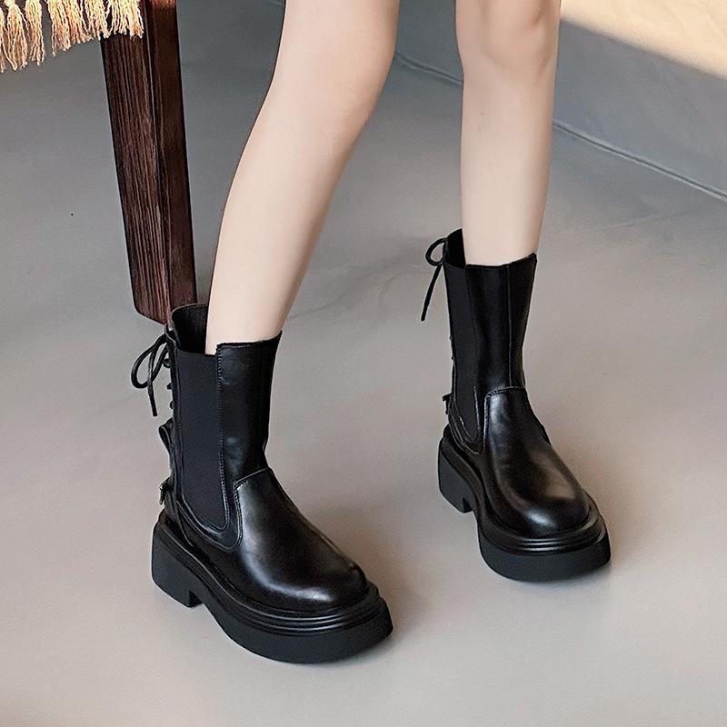 

Thick-soled round-headed Martin boots women s tide rear strap short boots autumn new shoes Women s 35