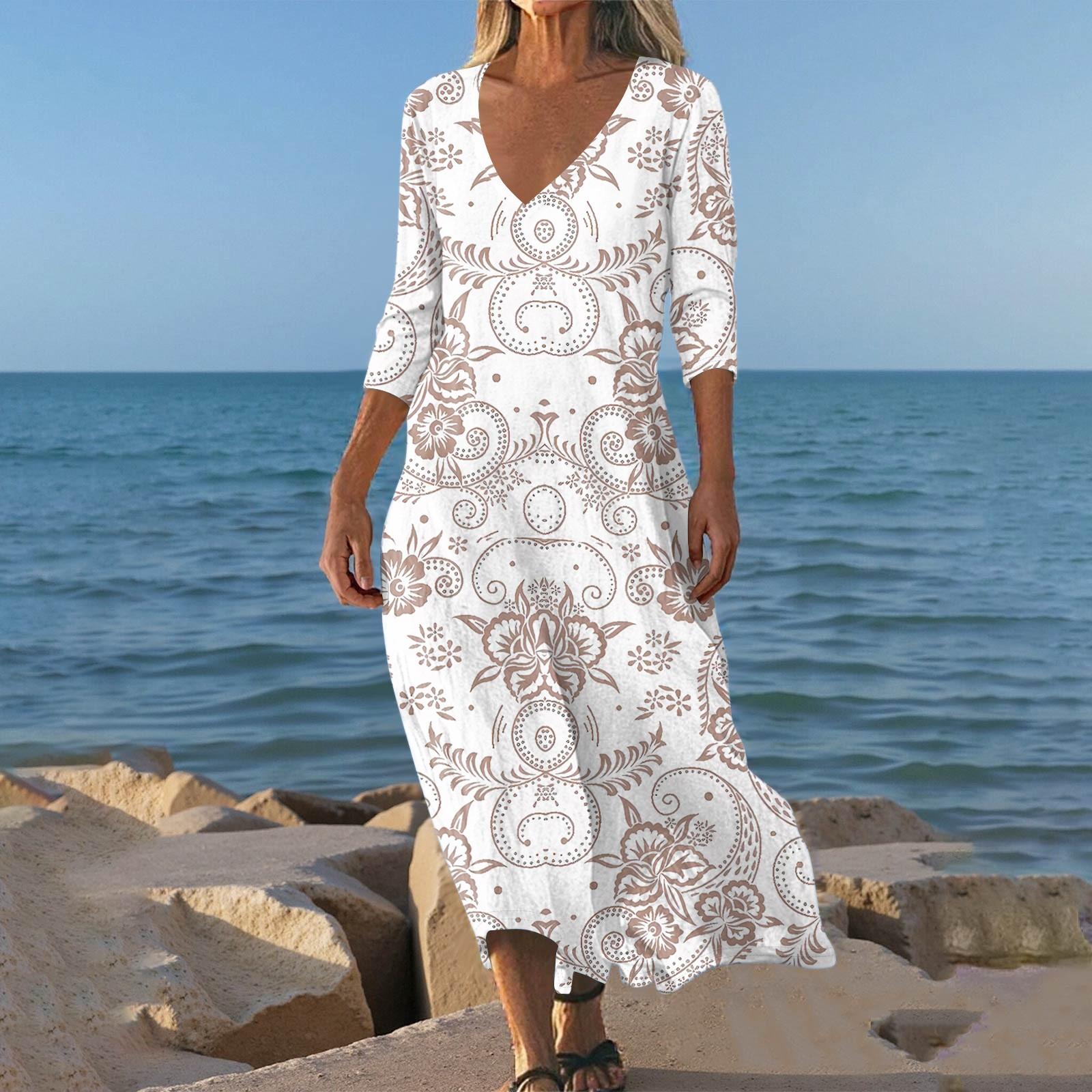 

Dresses For Womens Vintage Print Tunic Waisted Midi Dress Summer Casual 3/4 Sleeve Dress XXL білий