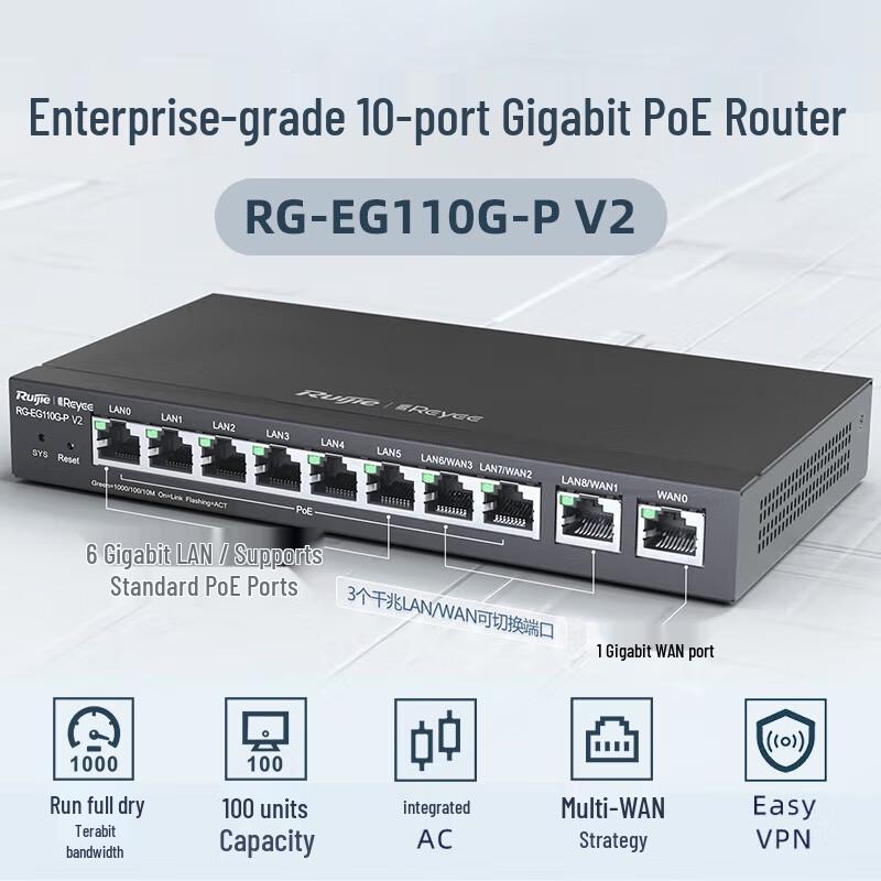 Ruijie RG-EG110G-P V2 8-Port Gigabit PoE Enterprise Router (CN-Version)