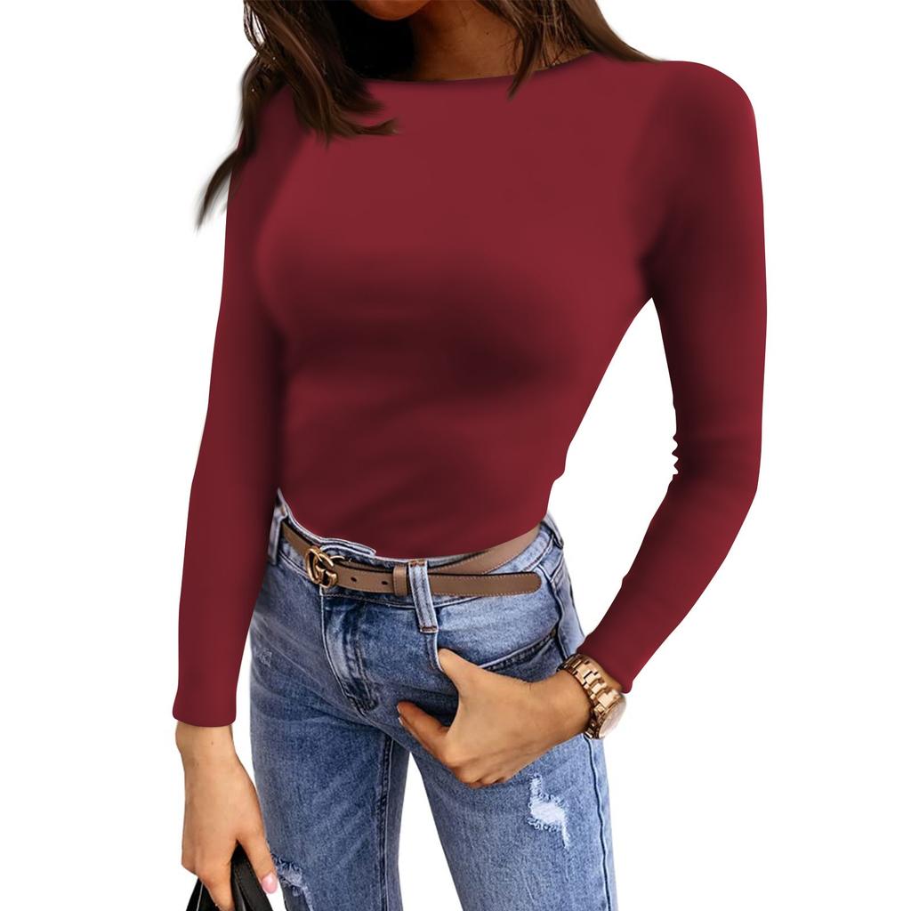 Women's And Spring Slim Bottom T-shirt Fashion Casual Color Round Neck Pullover Long Sleeve Top