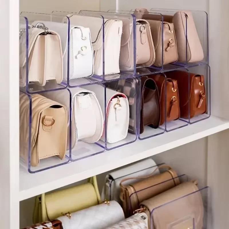 Scaffale portaoggetti per borse in acrilico a 4 scomparti Organizer Scaffale portaoggetti per borse di lusso per donna Vetrina con divisori trasparenti