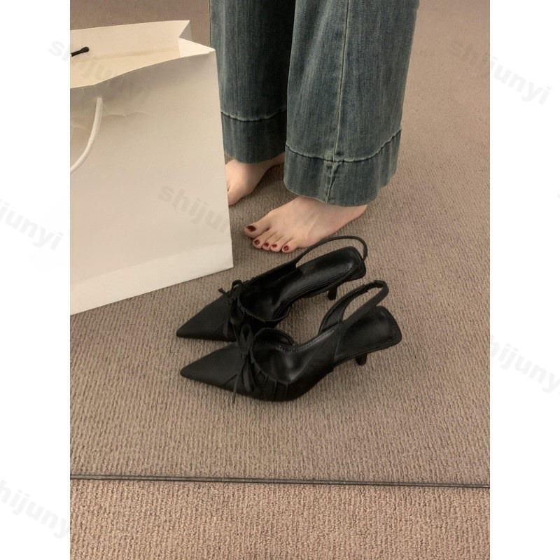 Fashion Women's High Heels Leopard Thin Heels Sandals 2025 New Summer Pointed Bow Elegant Medium Heel Women's Shoes Slingbacks Pumps