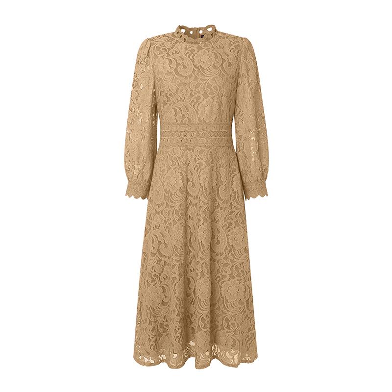 ZANZEA Women Casual Stand Collar Long Sleeve Lace Crochet Patchwork Long Dress