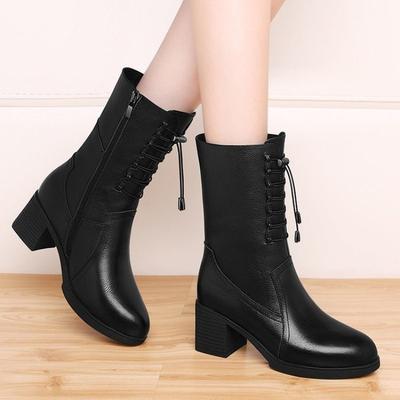 Pantofi noi din piele moale pentru femei, cu fleece și călduroși, cu toc mediu, cizme cu toc gros pentru femei, cizme până la jumătatea gambei