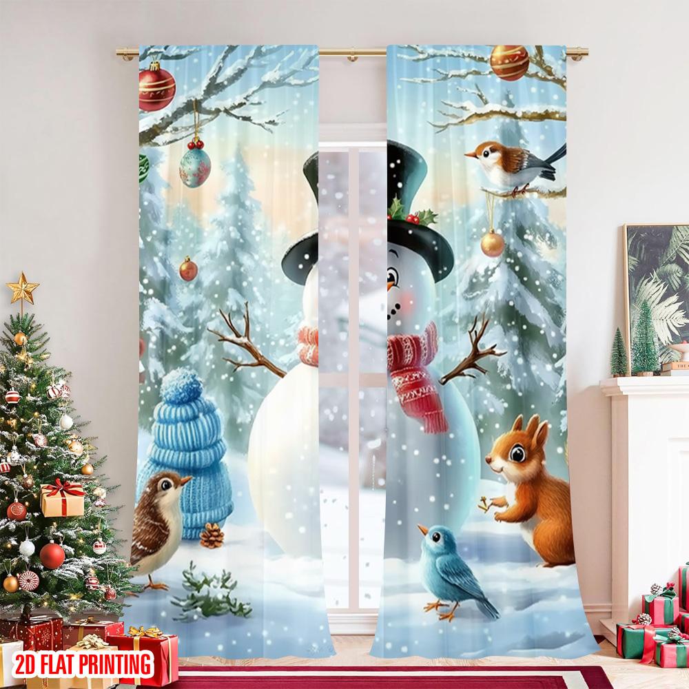 Set Of 2 Flat Printing Merry Christmas Curtains Winter Snowman Versatile Durable Polyester Without Electricity Festive Curtain