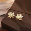 Classical Pearl Lotus Flower Stud Earrings for Women Elegant Temperament Zircon Petal Earrings Wedding Party Jewelry Gifts