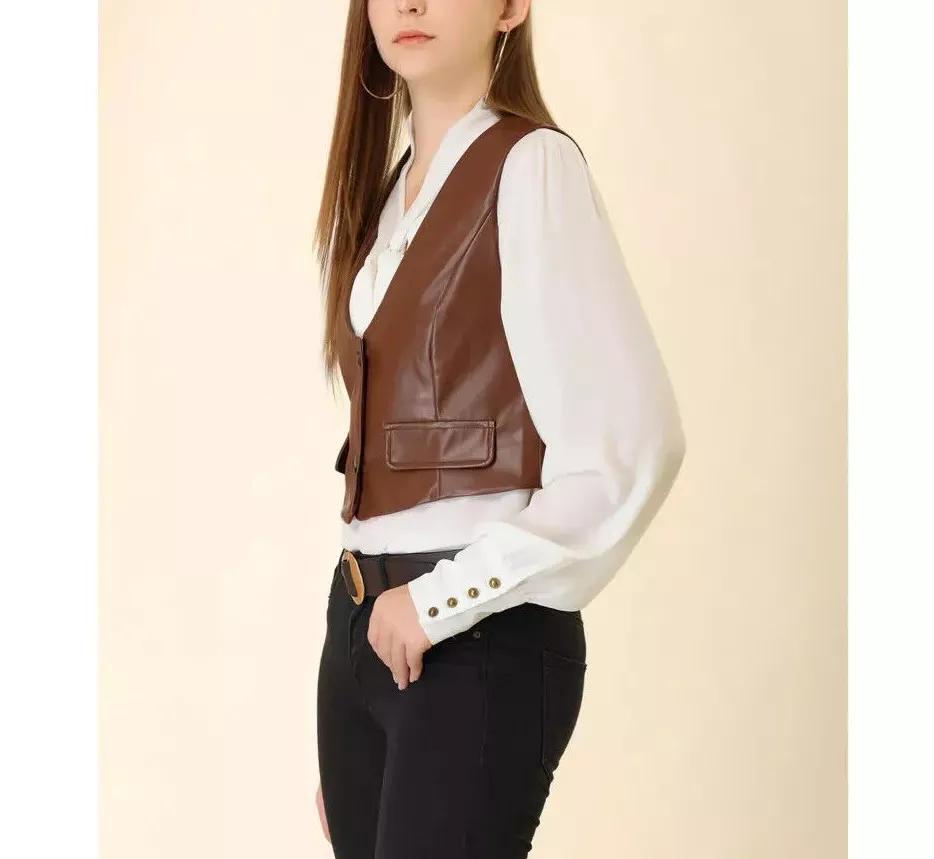 AL KHALID Party Brown Leather Stylish Button Vest Coat Waist Coat Lambskin Western Women