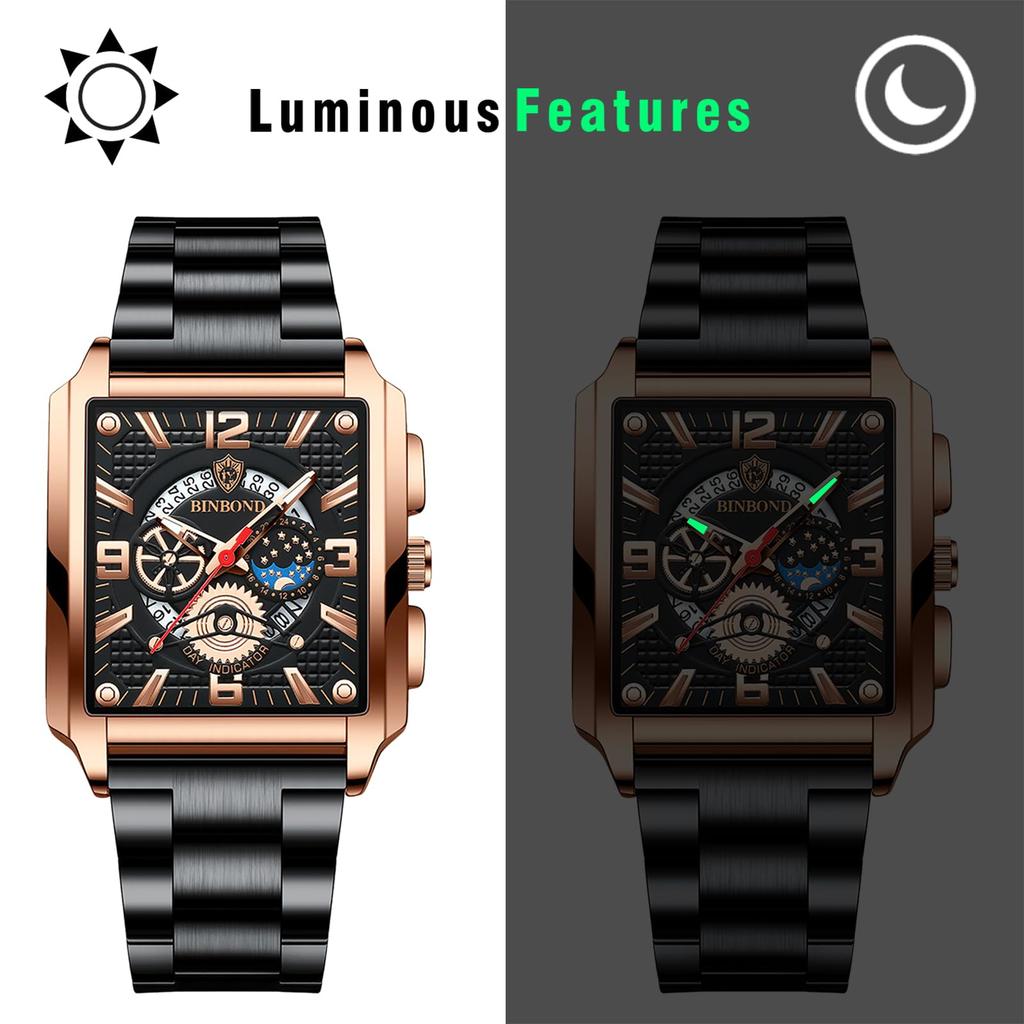 Square 3ATM Water Luminous Analogue Watch with Skeleton Stainless Steel Star and Moon Quartz Casual and Stylish Black A Perfect Gift for or Your