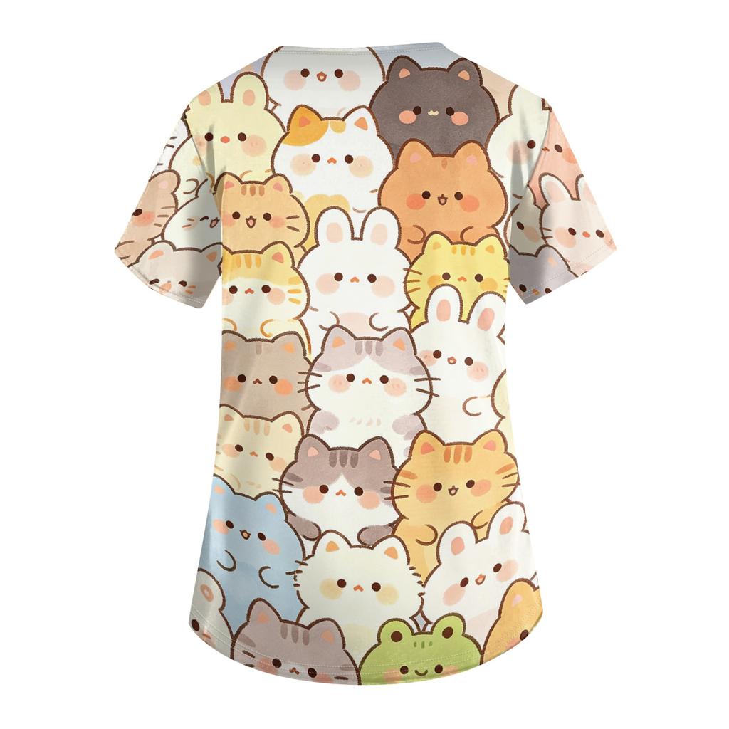 Womens V Neck Short Sleeve Work Shirt with Pockets Animal Print Top Medical Uniform Scrub Tee for Healthcare Professionals