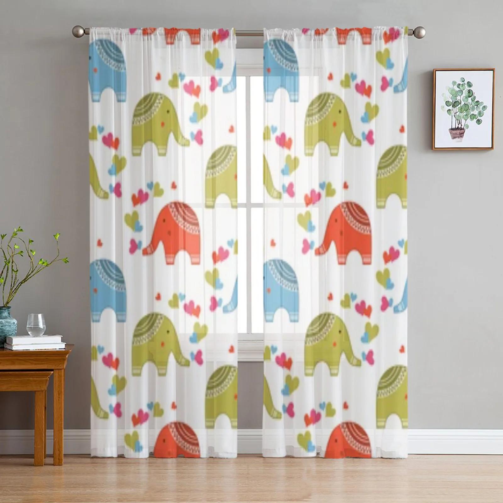 Cartoon Kleine Olifant Met Ster En Maan Transparante Gordijnen Voor Woonkamer Raamopening Heldere Voile Tule Gordijn Slaapkamer Ruimte Gordijnen W65X60H(cm)X2Pcs&Hook