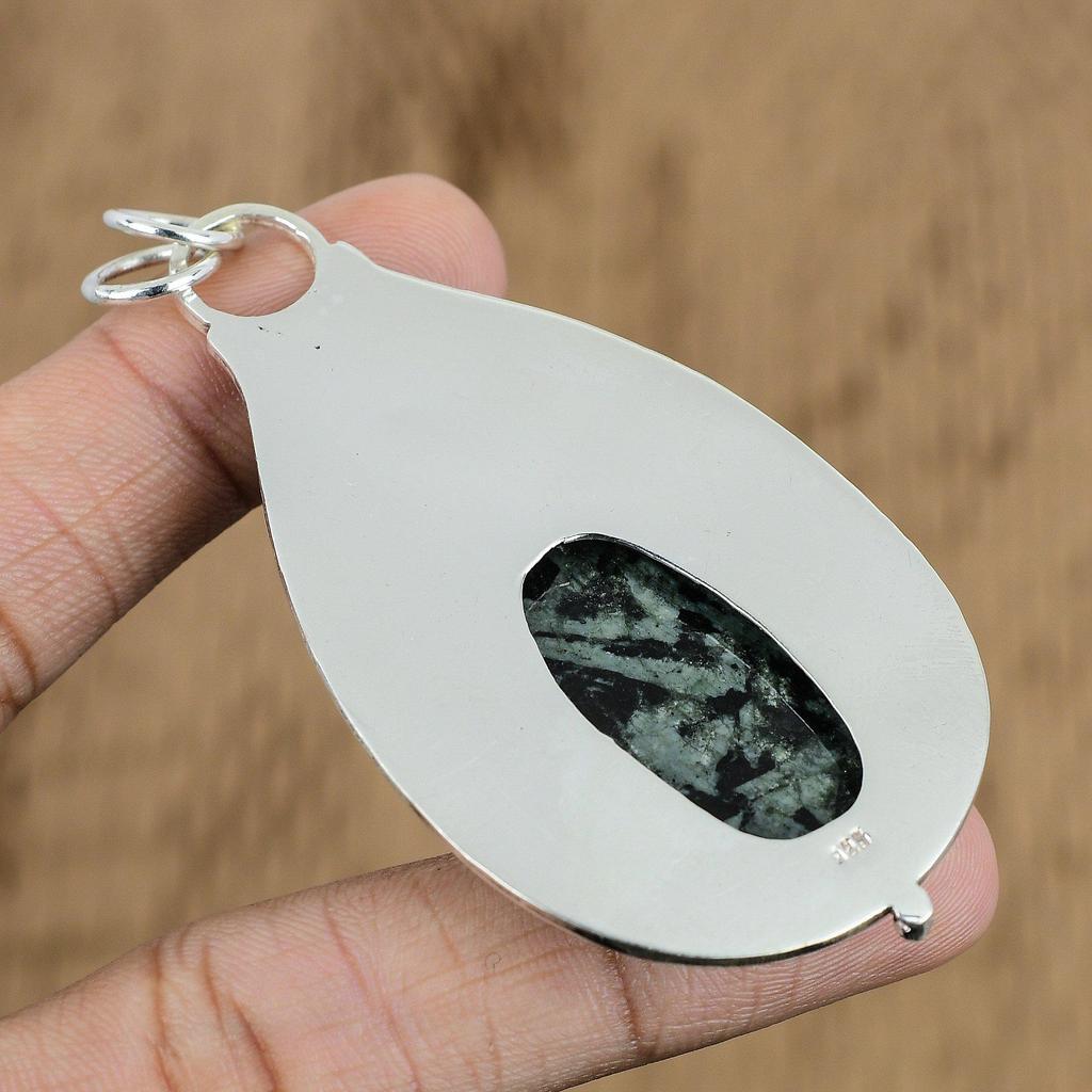 Natural Green Rice Jasper Gemstone Pendant 925 Sterling Silver Jewelry For Girls