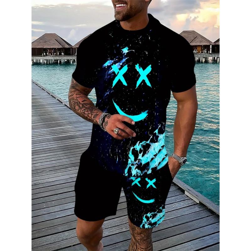 Summer Men's Colorful Happy Printed Fashion Sports Set - Comfortable T-shirt and Shorts