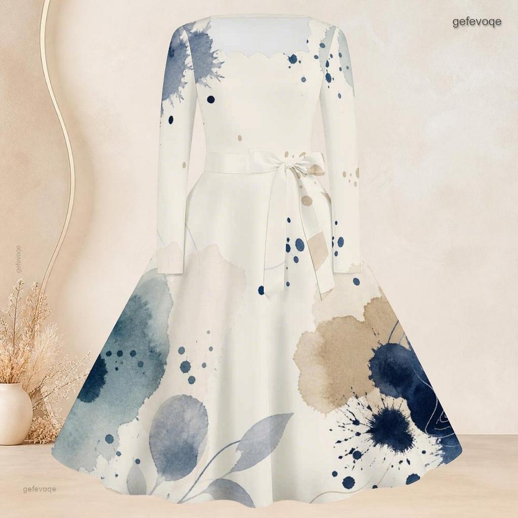 Women Plus Size Square Neck Long Sleeve Tropical Leaf Printed Dress Belted A Line Flared Hem