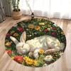 Three Rabbits Round Carpet Easter Flower Rabbit Pattern Non-slip Area Carpet Bedroom and Living Room Carpet Floor Decorative Pad