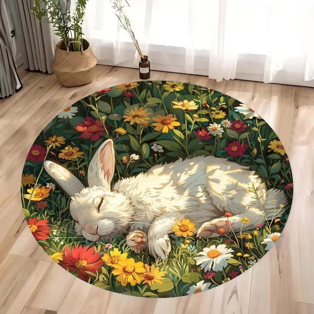 Three Rabbits Round Carpet Easter Flower Rabbit Pattern Non-slip Area Carpet Bedroom and Living Room Carpet Floor Decorative Pad