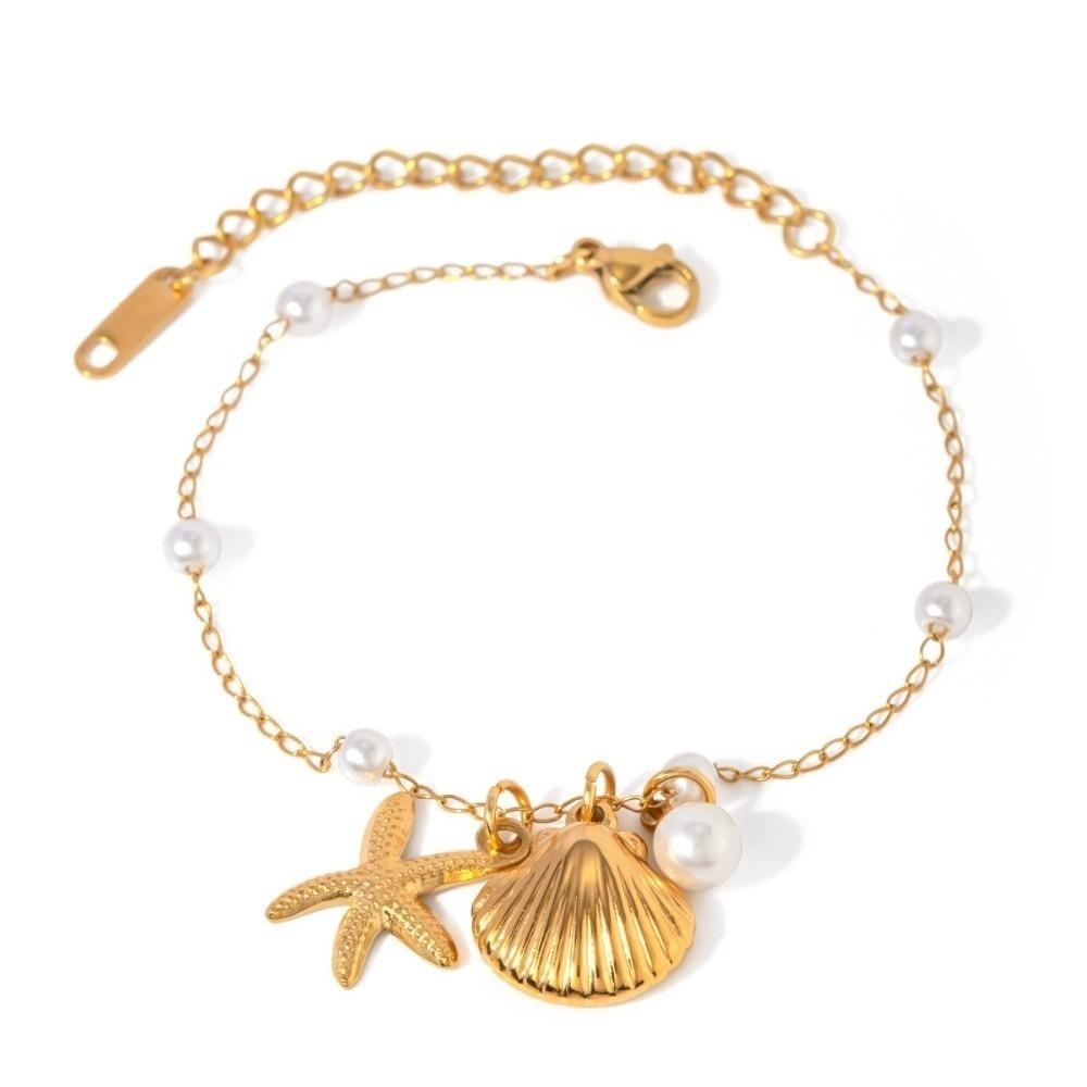 Pearl Accent Shell Necklace Gold Color Drop Earrings Stylish Women Jewelry  Beach Wear Bracelet