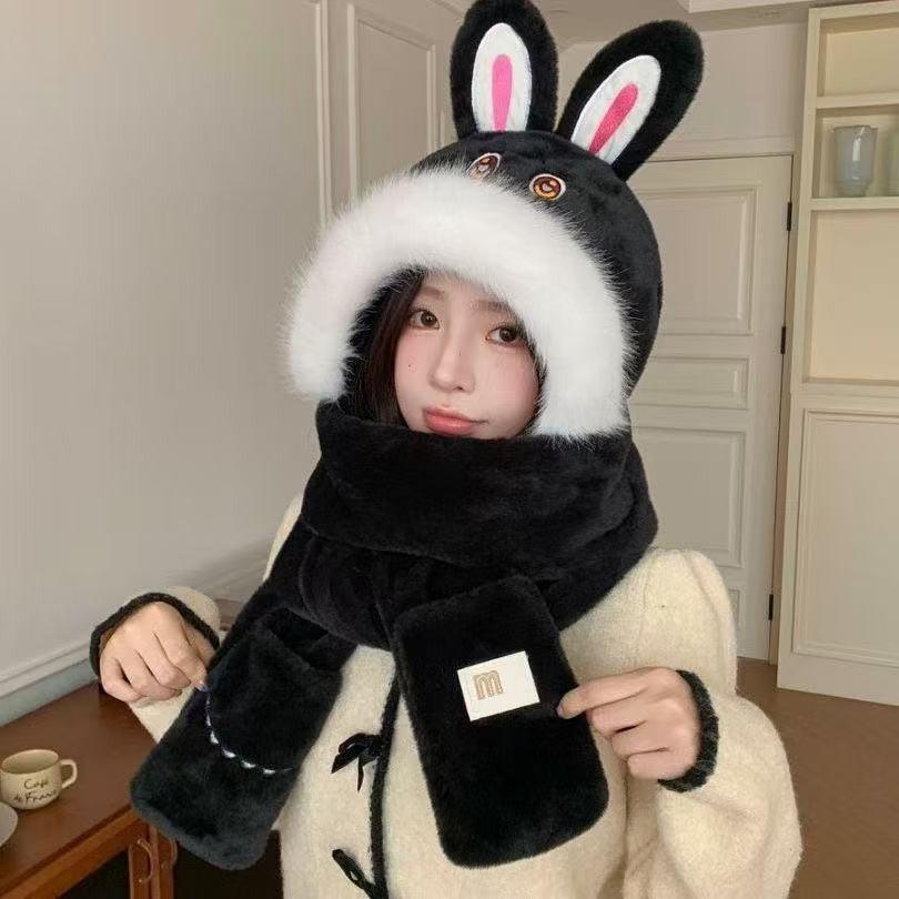 Women's Winter Plush Hat, Scarf & Gloves Set with Cute Rabbit Ear Snood