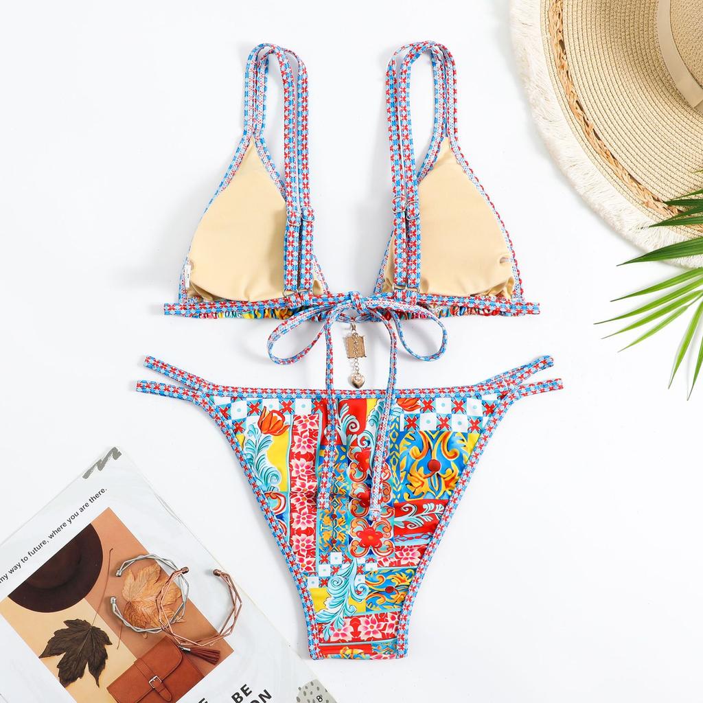 Damenmode Bikini-Set Bunter Blumendruck Zweiteiliger Badeanzug Sommer Strandbekleidung