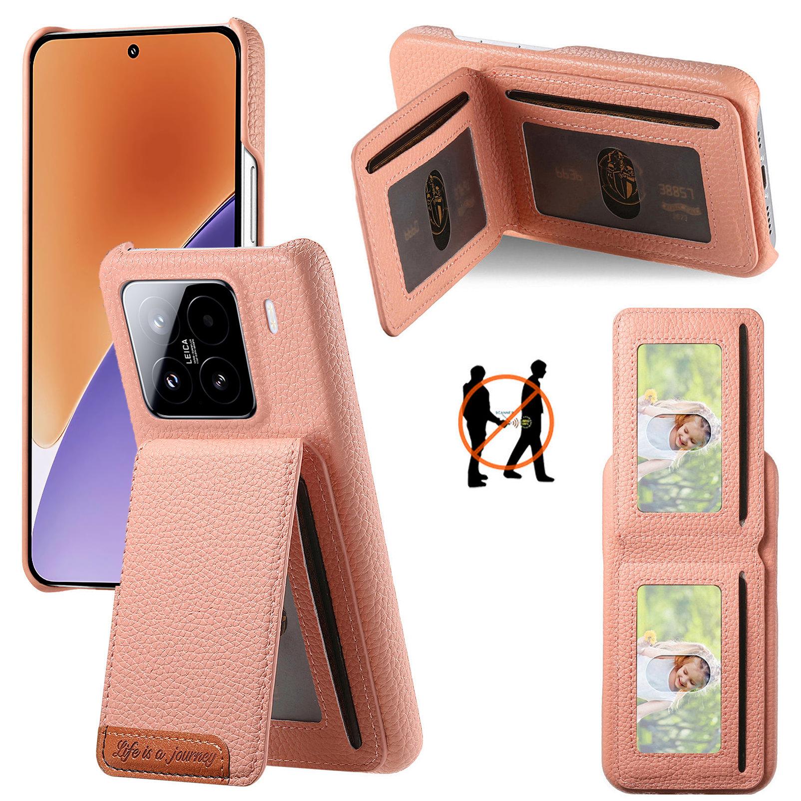 

For Xiaomi 15 Case RFID Blocking Card Holder Litchi Texture Leather Back Cover Pink